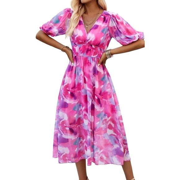 Womens Floral Flowy Wrap V Neck Midi Dress Short Sleeve Elastic Waist Casual Lrg - Picture 1 of 7